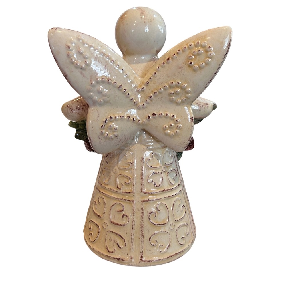 Ceramic Angel Figurine Cream Pine Cone Berry Wreath Holiday Decoration - Picture 3 of 6